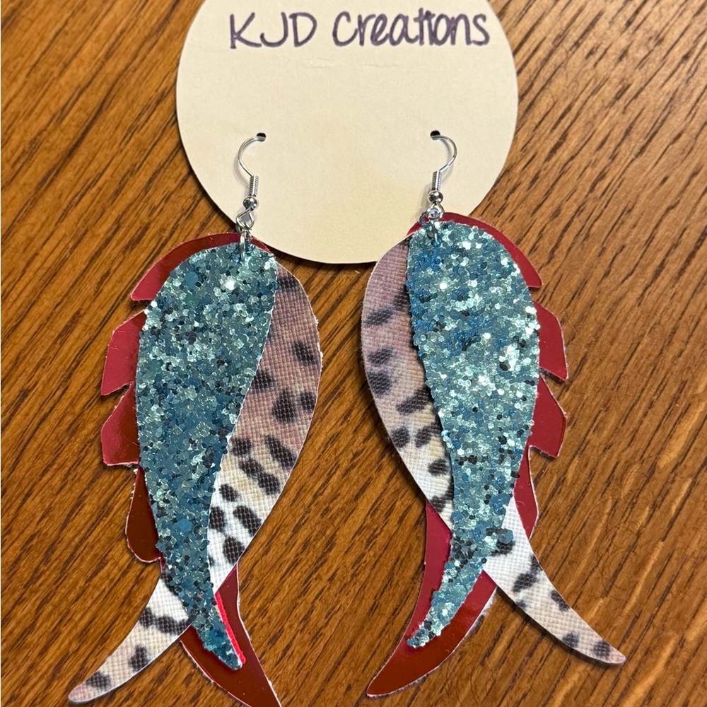 Teal Glitter, Animal Print and pink Feather Earrings